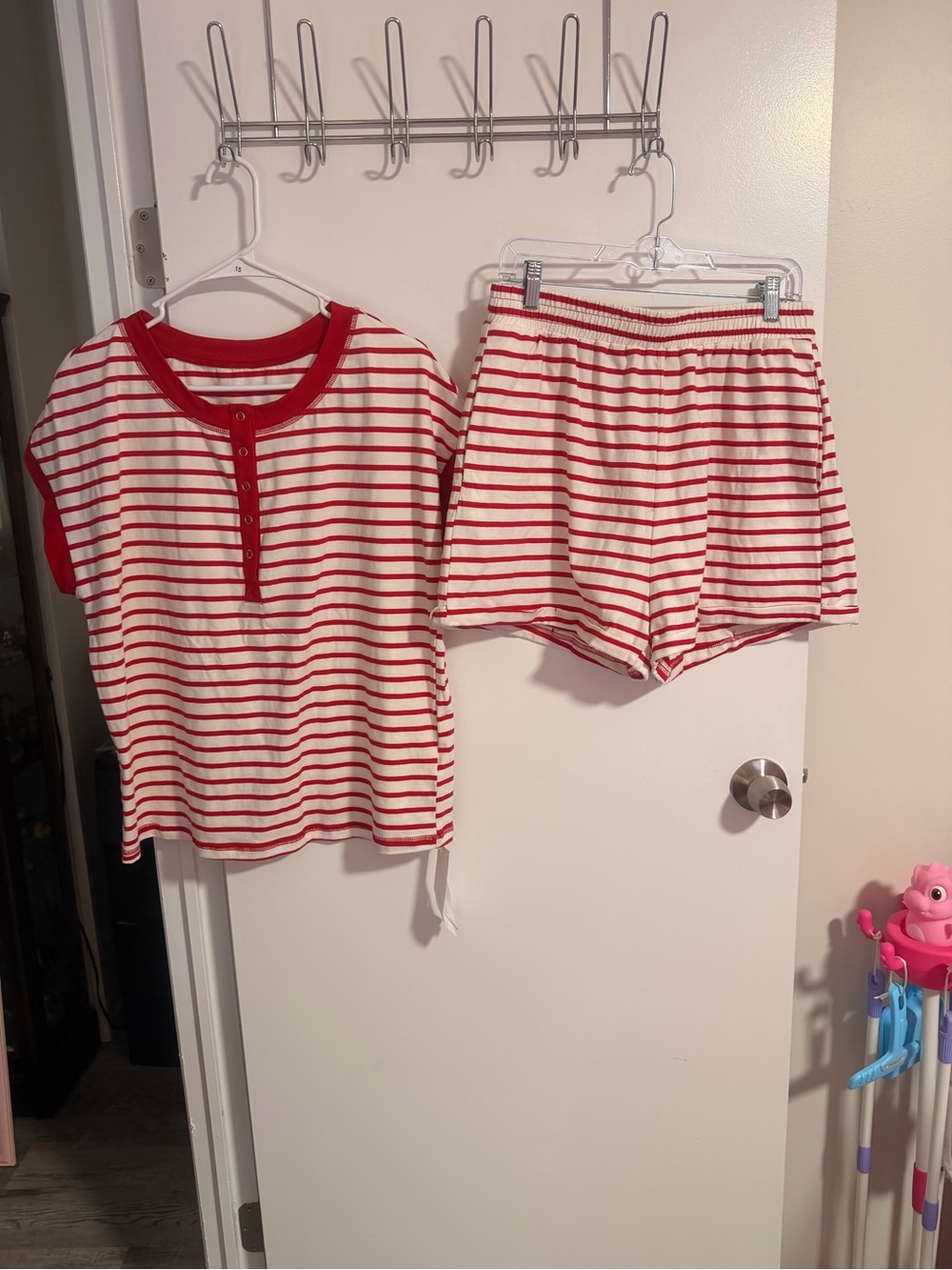 Amazon Red and White Striped Women’s Cap Sleeve Top and Shorts with Pockets Set